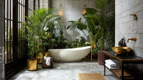 Elegant bathroom interior with lush plants and modern fixtures