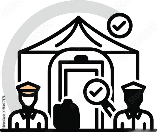 Customs, border control, security check icons, travel and immigration vector symbols