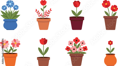 Cute Potted Flower Collection with Tulips Blossoms and Decorative Houseplants for Garden and Interior Design Projects