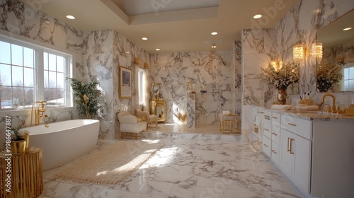 Elegant bathroom interior featuring marble walls and modern fixtures