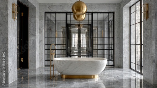 Elegant bathroom interior featuring marble surfaces and modern bathtub design