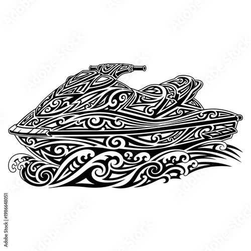 Tribal Jet Ski Illustration on Water Waves, Black and White Vector Art