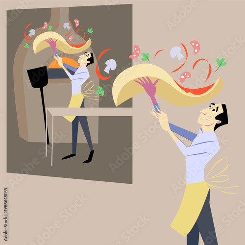 The pizza maker prepares the pizza near the oven. Rotates the pizza with the toppings.