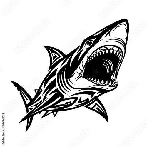 Tribal Shark Tattoo Design, Aggressive Predator, Open Mouth, Sharp Teeth