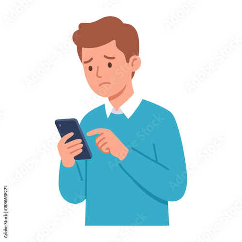 Man looks concerned while checking his phone indoors