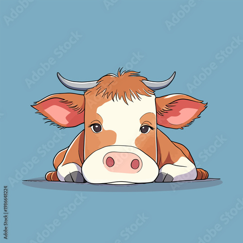 Adorable cow stands, cheerful cartoon with warm bright hues