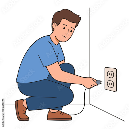 Man crouches plugging cord into outlet with concerned expression indoors