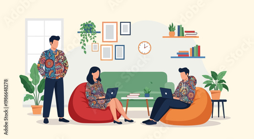 Three people working on laptops in a cozy living room setting.