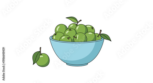 Fresh green apples or plums served in a light blue bowl on a plain white background for healthy snack concepts.