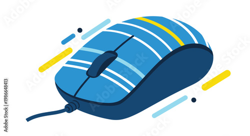 Modern computer mouse with blue and yellow decorative stripes designed for gaming and office work efficiency on a white background.
