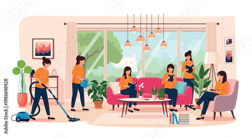 Diverse group of women engaged in various household activities like vacuuming, watering plants, and reading in a bright living room.