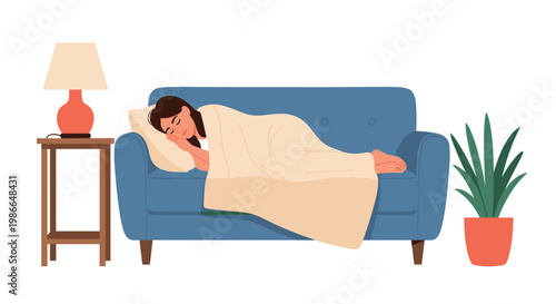Young woman sleeping peacefully on a blue sofa covered with a warm blanket in a cozy living room setting after a long day of work.