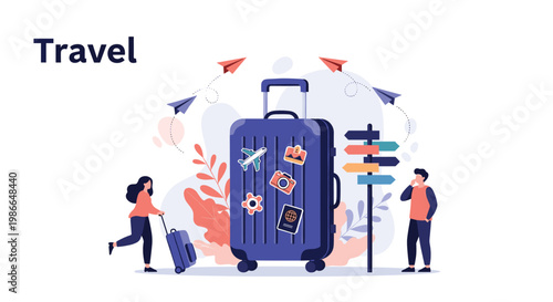 Traveling around the world and exploring new destinations represented by suitcase with icons and paper planes flying.