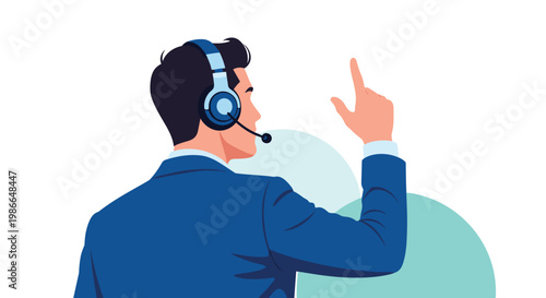 Customer service representative wearing a professional headset and pointing towards virtual space for technical support concepts.