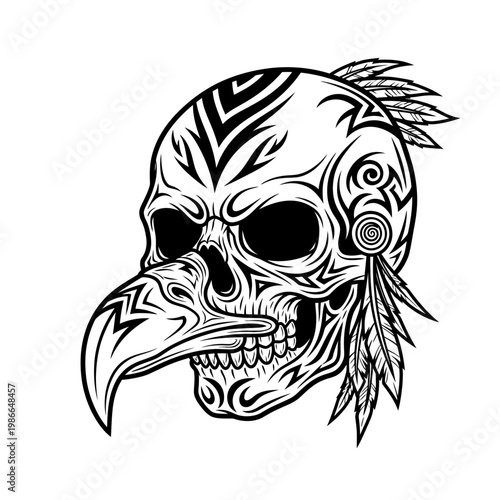 Tribal Skull with Bird Beak and Feathers Illustration