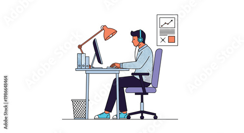 Man focused on work at his office desk using a computer while wearing headphones for better concentration and communication.