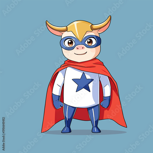 Super cow hero stands, heroic cartoon with bright bold tones
