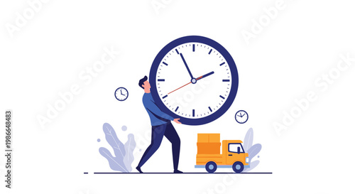 Concept of fast delivery and time management with a man carrying a huge clock next to a small yellow cargo truck.