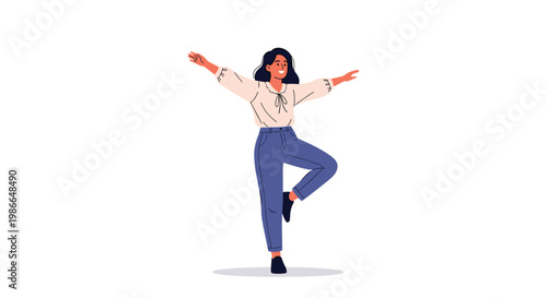 Young woman practicing balance and coordination by standing on one leg with her arms open in a joyful pose for a fitness session.