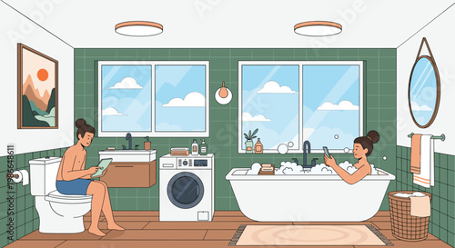 Couple multitasking in a green tiled bathroom with one person on the toilet and another in a bubble bath using mobile devices.