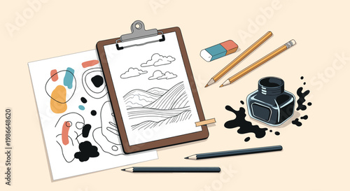 Collection of art supplies including clipboard with landscape sketch ink bottle and pencils arranged on a beige surface for creativity.
