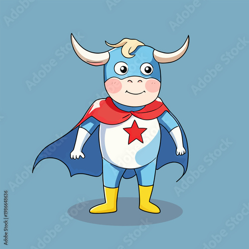 Super cow hero stands, heroic cartoon with bright bold tones