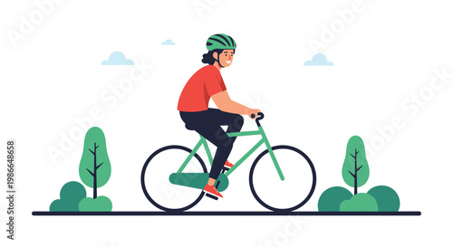 Happy girl riding her bike in a public park with green trees and bushes under a clear sky for healthy lifestyle concept.