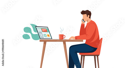 Man working from home on a laptop while talking on the phone and drinking coffee at a wooden table in a minimalist style.