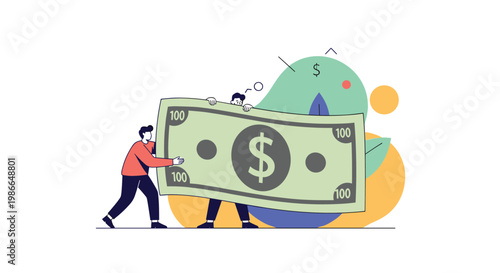 Two hardworking businessmen cooperate to carry a massive oversized dollar bill representing large financial gains.