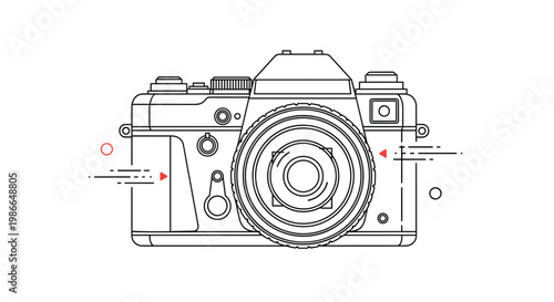 Minimalist line drawing of a classic slr film camera showcasing technical details and retro photographic style.