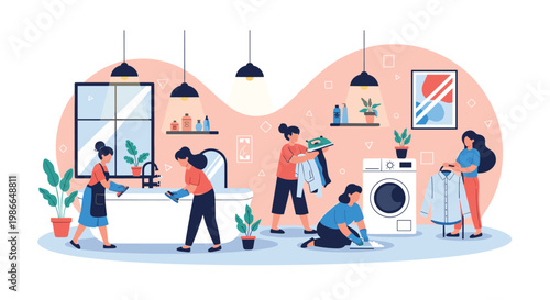 Professional cleaning crew works efficiently together to sanitize and organize a bright laundry room environment.