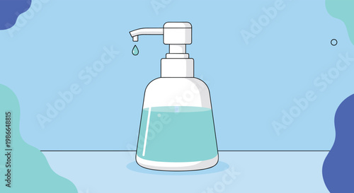 Plastic soap dispenser bottle with a pump releasing a drop of liquid against a soft blue gradient background.
