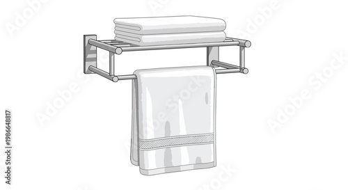 Modern wall-mounted towel rack made of stainless steel holding several white folded and hanging bath towels.