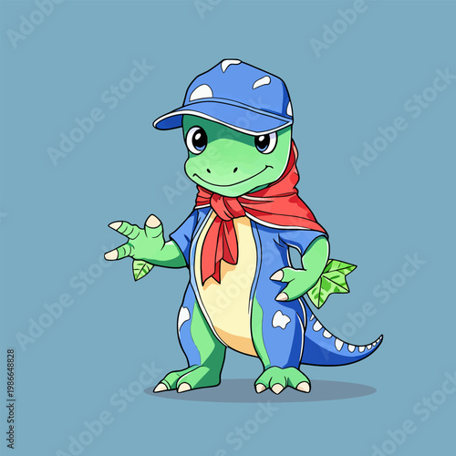 Super dinosaur hero stands, heroic cartoon with bright bold tones