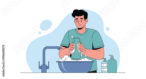 Young man washes a glass vase at the kitchen sink with soapy bubbles and cleaning products on the counter.