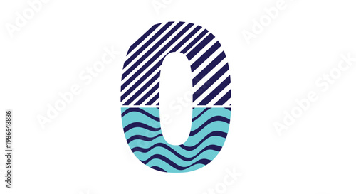 Abstract illustration of the number zero featuring a dual design with dark blue stripes and light blue waves.