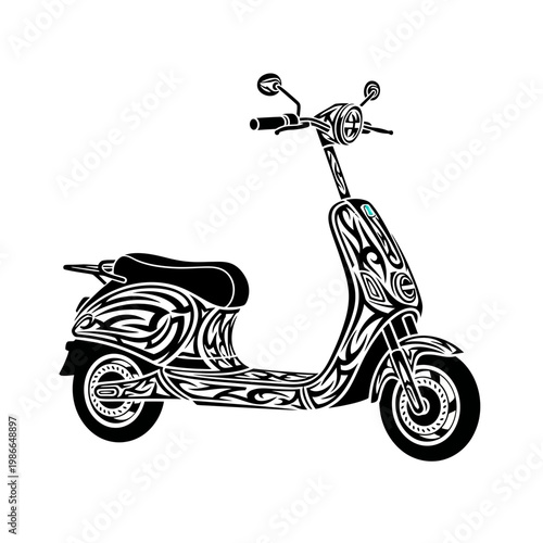 Tribal Tattoo Style Scooter Illustration, Black and White