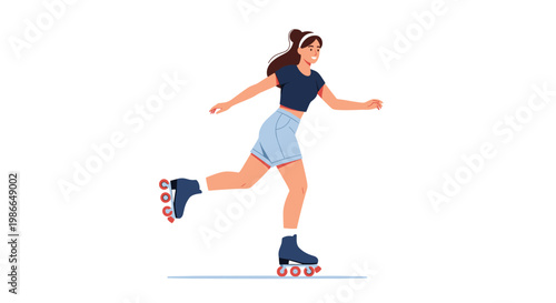 Active young woman enjoying outdoor exercise while roller skating on a white background representing healthy lifestyle and summer fun activities.
