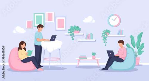 Three people working on laptops in a modern co-working space.