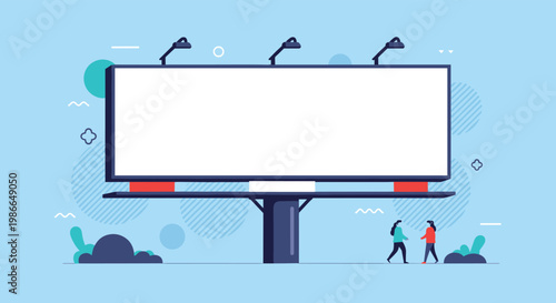 Large blank outdoor billboard advertisement mockup on a blue background with tiny people walking by representing marketing and urban space.