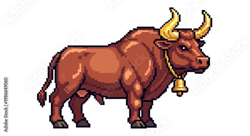 Pixel Art Brown Bull with Golden Horns and Bell.