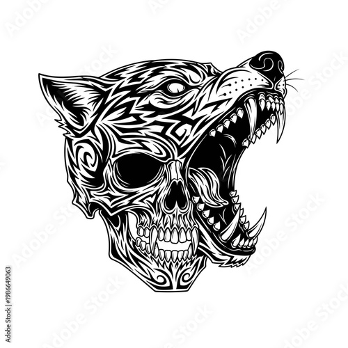 Tribal Wolf Skull Tattoo Design, Fierce Animal Hybrid