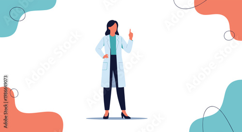 Professional female doctor in white lab coat gesturing with finger up to give medical advice or healthcare instructions on a clean background.
