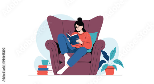 Relaxed woman sits in a cozy purple armchair reading a book next to a stack of books and a steaming cup of tea in a quiet room.