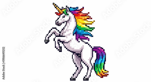 Pixel Art Unicorn with Rainbow Mane and Tail.