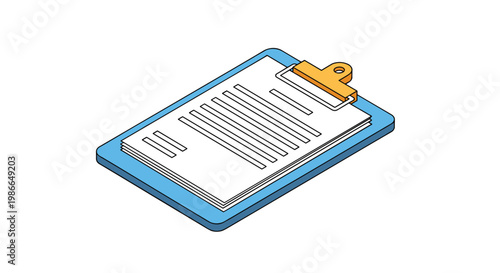 Blue isometric clipboard holds several sheets of white paper with black text and a yellow metallic clip against a white background.