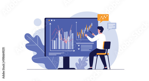 Business analyst points to a large blue screen displaying various data charts, graphs, and financial statistics in a modern office.