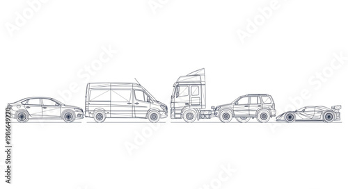 Collection of Hand Drawn Vehicles in a Row.