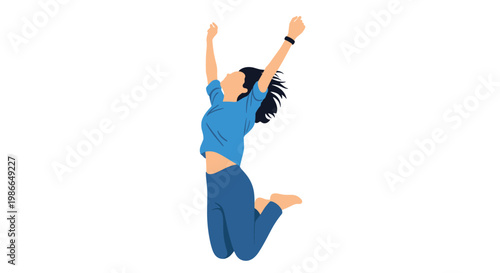 Minimalist illustration of a woman in a blue shirt and dark trousers jumping high in the air with her arms raised in pure excitement.