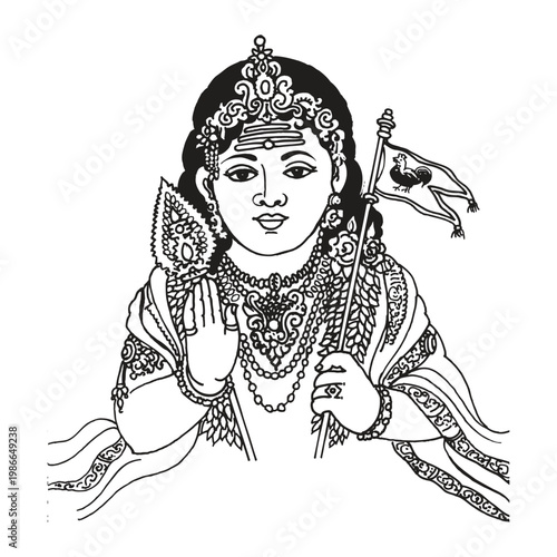 vintage drawing of indian lord murugan subramaniya swamy god tamil